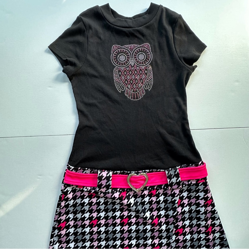 Lilt black pink sparkly Owl short sleeve dress built in belt girls XL 16